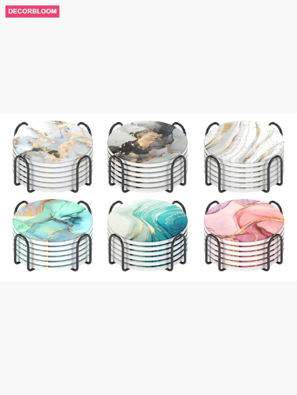 Set of 6 Absorbent Ceramic Coasters with Holder